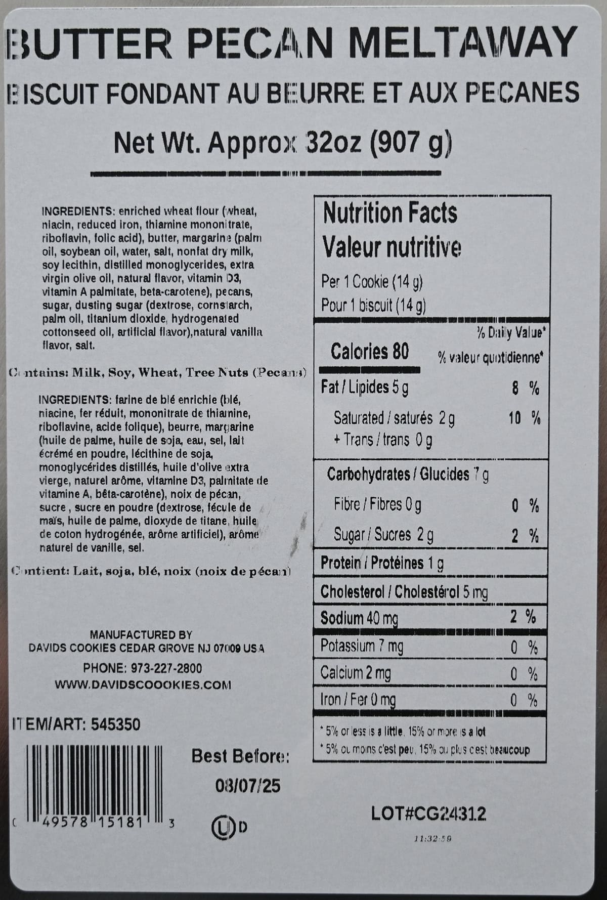 Image of the back of the tin showing ingredients, nutrition facts and size of the cookie tin and where they're manufactured.