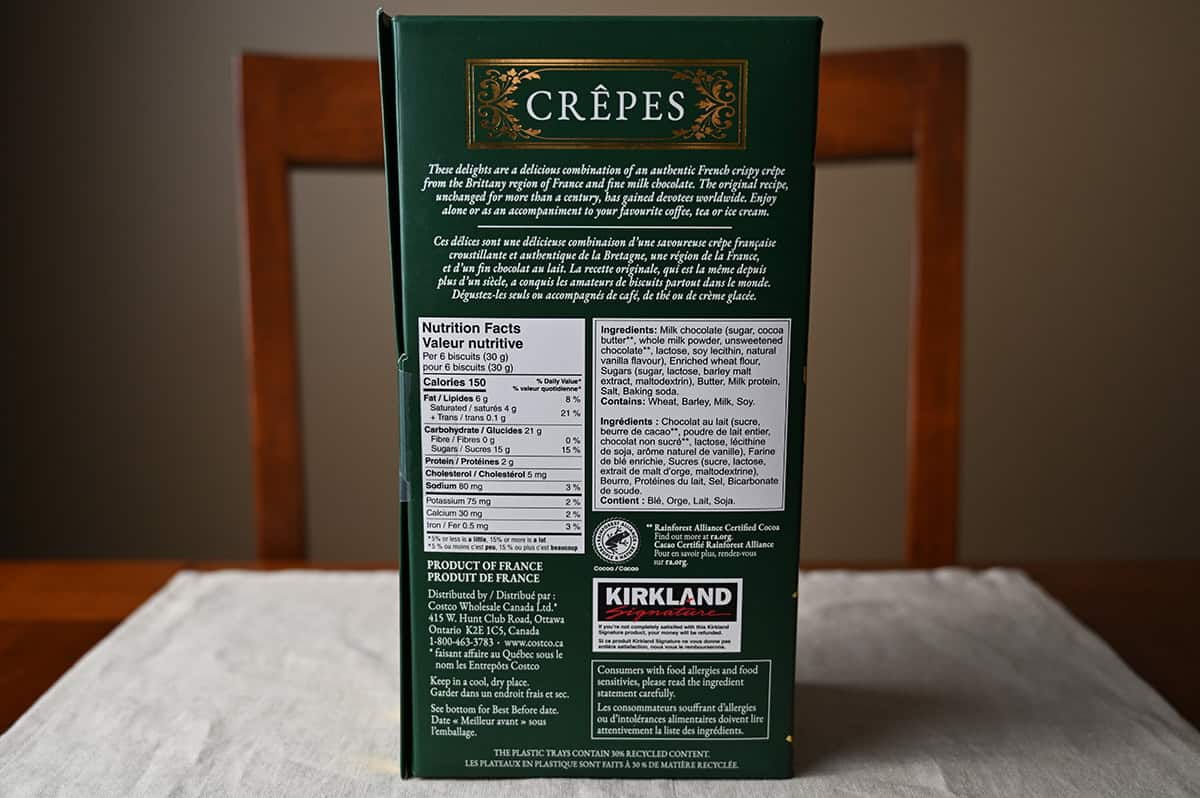 Image of the back of the Kirkland Signature Crepes box showing the product description, nutrition facts and ingredients.