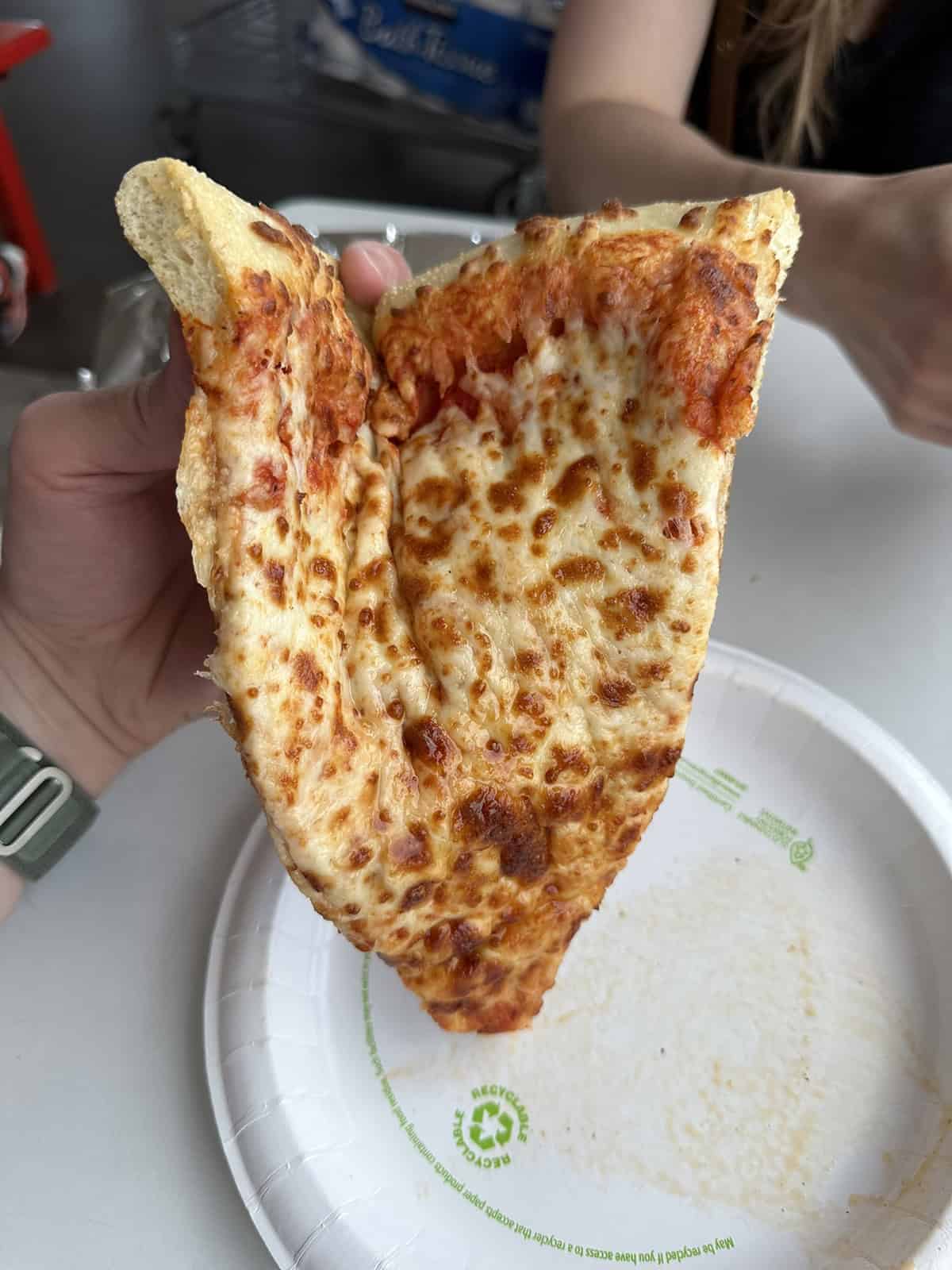 Closeup image of a hand holding one slice of cheese pizza close to the camera, the pizza slice is slightly folded in half. 