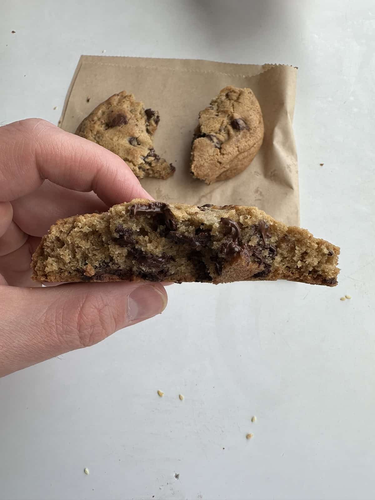 Closeup image of a hand holding one double chocolate chunk cookie close to the camera with a few bites taken out of it so you can see the center of the cookie.