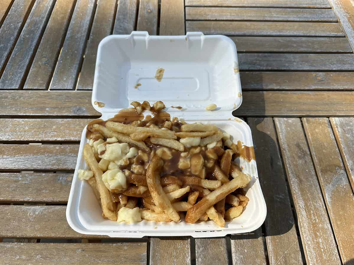 Top down image of a container of poutine from the Costco food court.