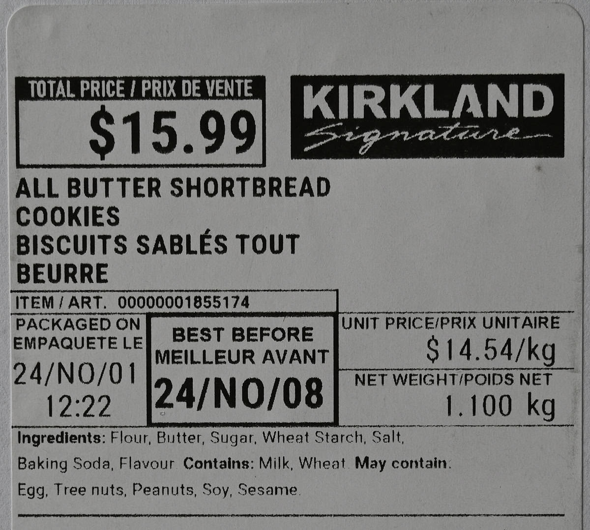 Image of the front label on the cookies showing ingredients, cost and best before date.