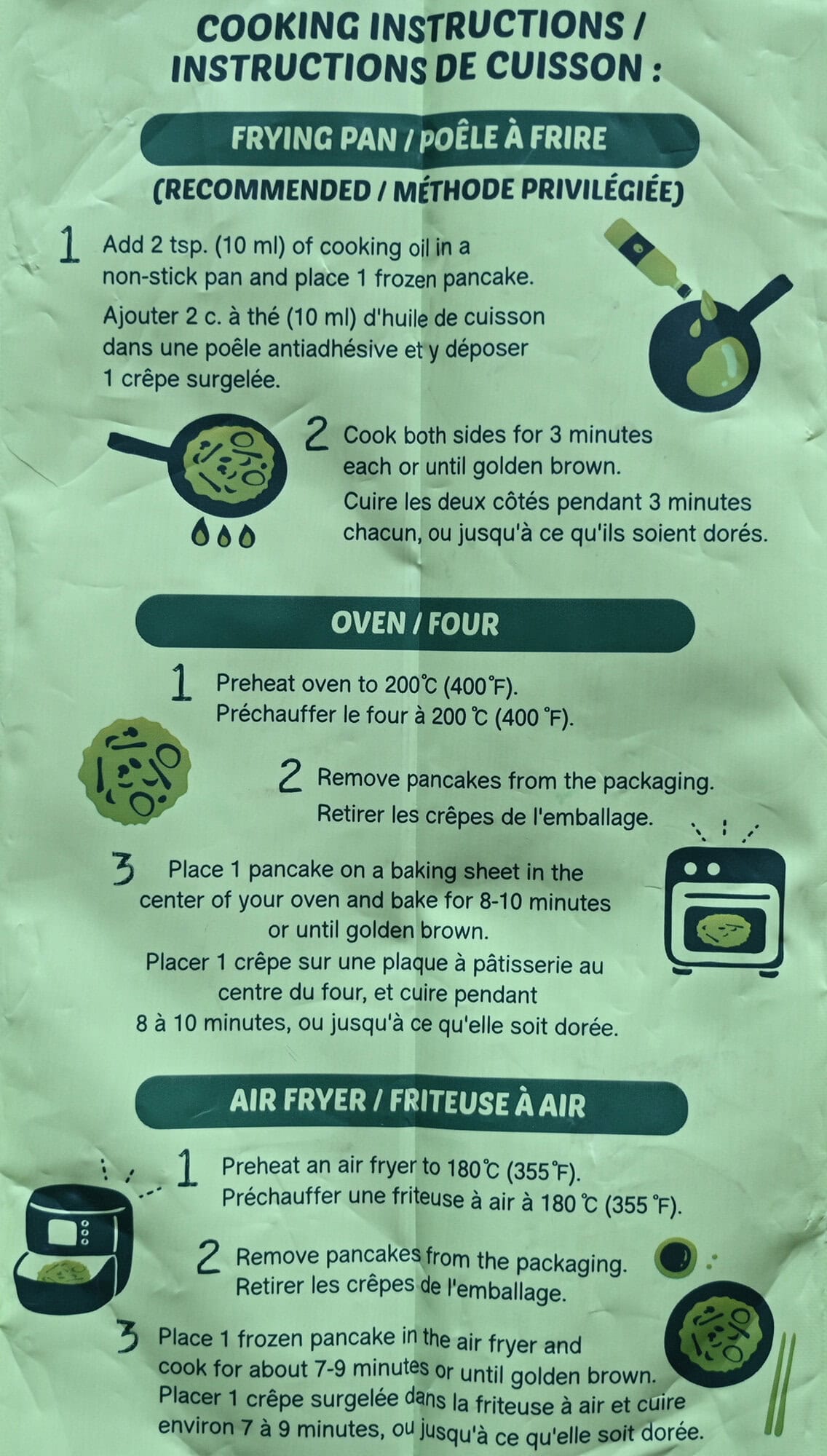 Image of the cooking instructions for the vegetable pancakes from the back of the bag.
