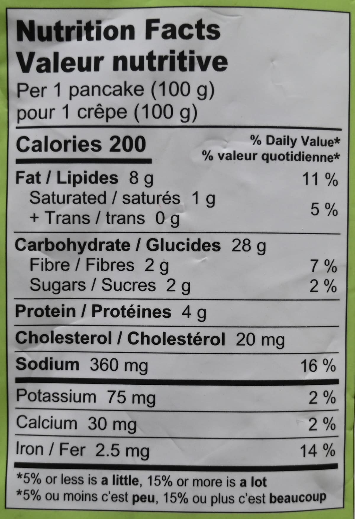 Image of the nutrition facts for the pancakes from the back of the bag.