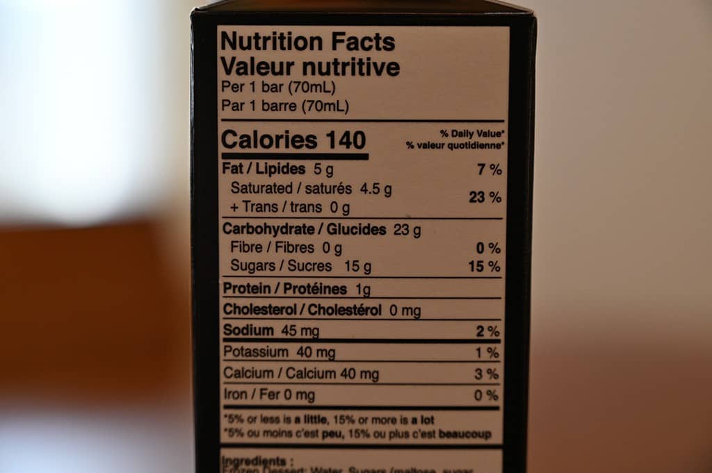 Photo of the nutrition facts for the Costco brown sugar boba bars.