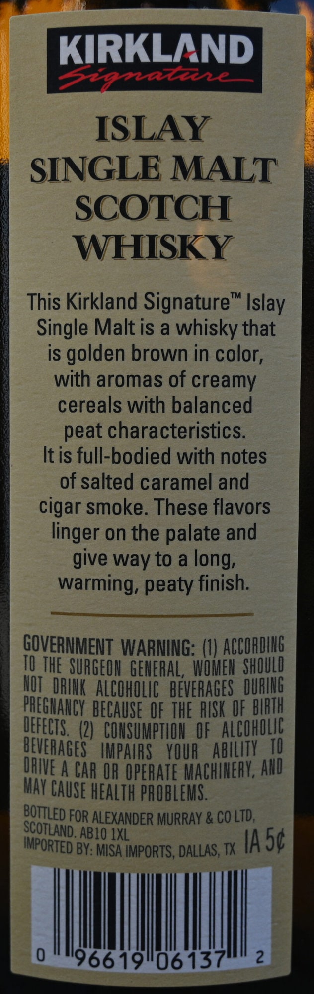 Image of the product description from the back of the bottle of the KIrkland Signature Islay Single Malt Scotch Whisky bottle.