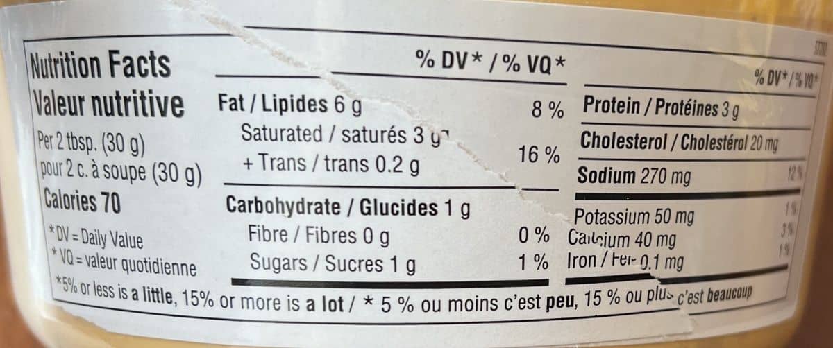 Image of the nutrition facts for the dip from the package.