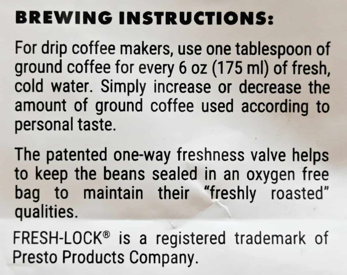 Image of the brewing instructions for the coffee from the bag.