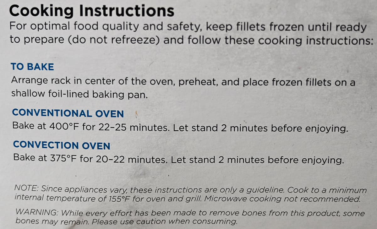 Image of the cooking instructions from the back of the box.