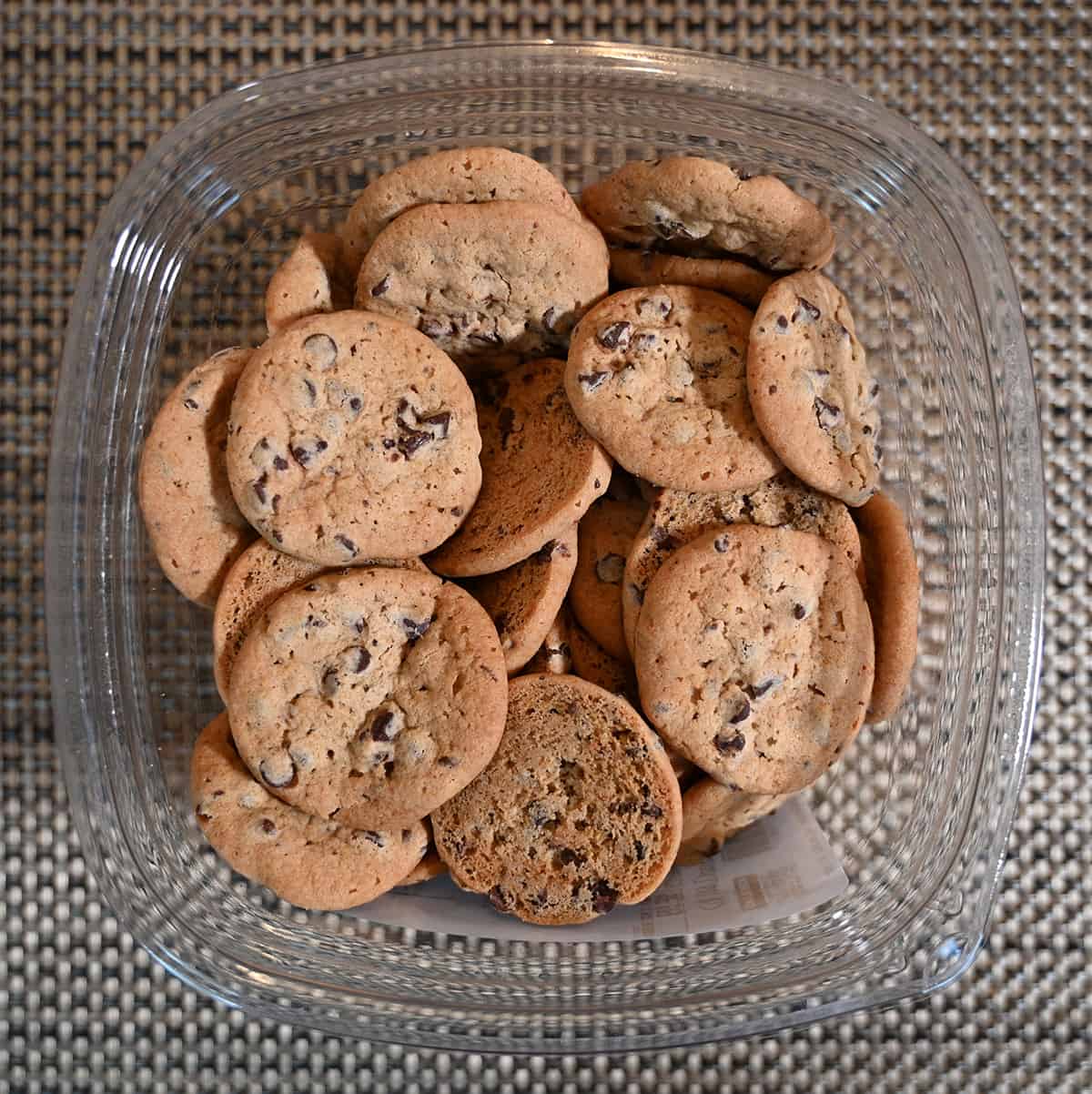 Top down image of the container of cookies with the lid off showing the cookies.