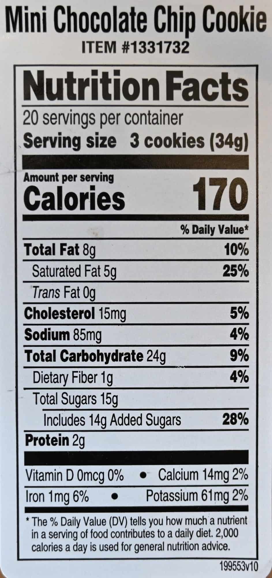 Image of the nutrition facts label for the mini chocolate chip cookies from the container.