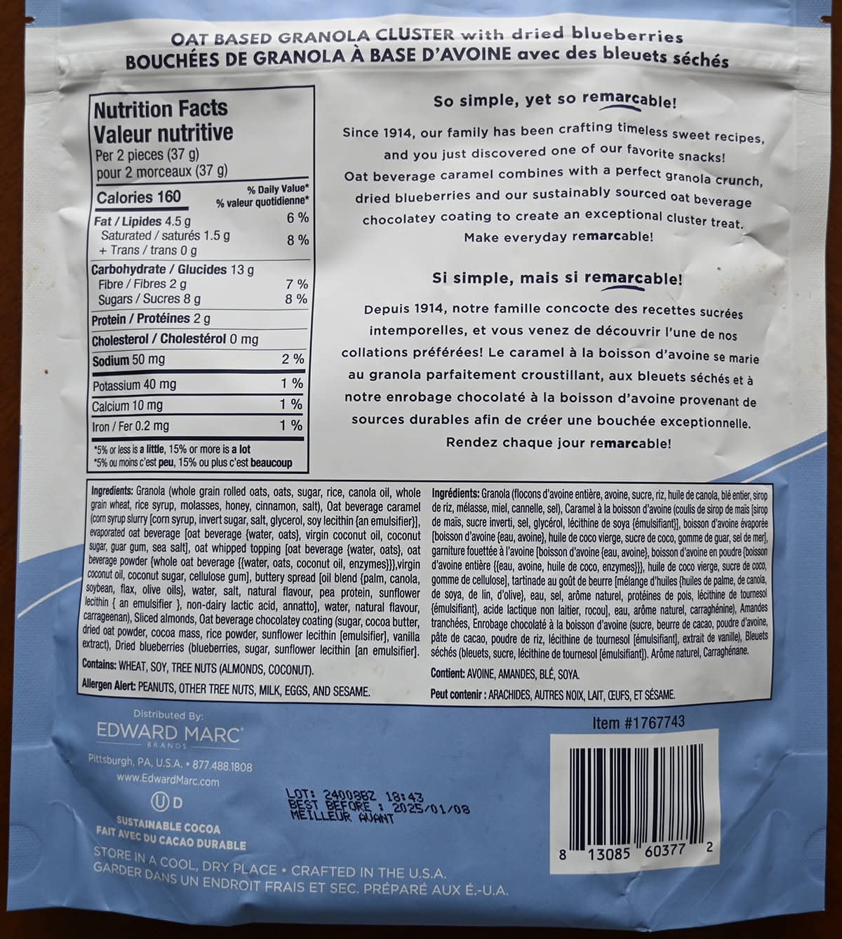 Closeup image of the back of the Oat Based Granola Snappers showing the product description.