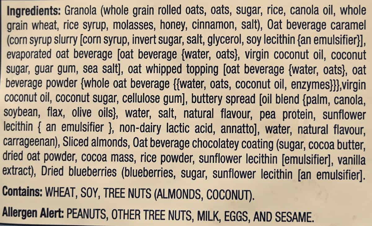 Image of the oat based granola clusters ingredients list from the back of the bag.