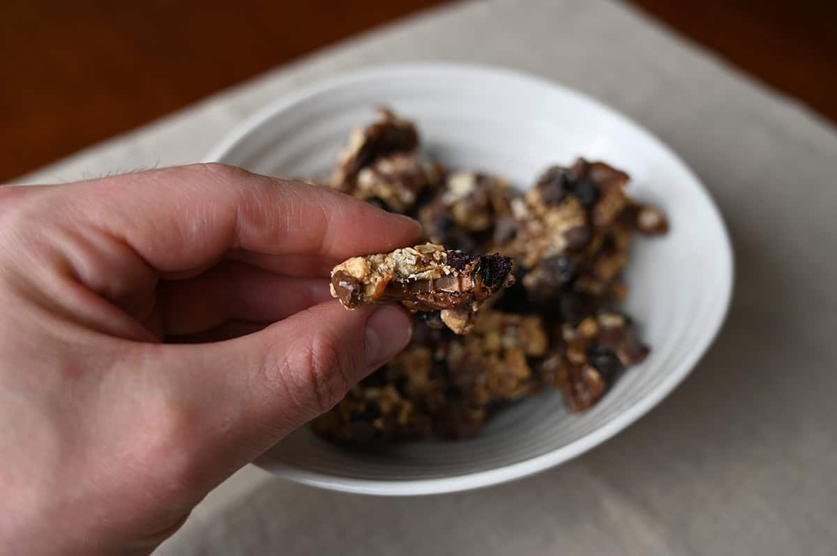 Closeup image of a hand holding one oat based granola cluster with dried blueberries Snapper with a bite taken out of it.
