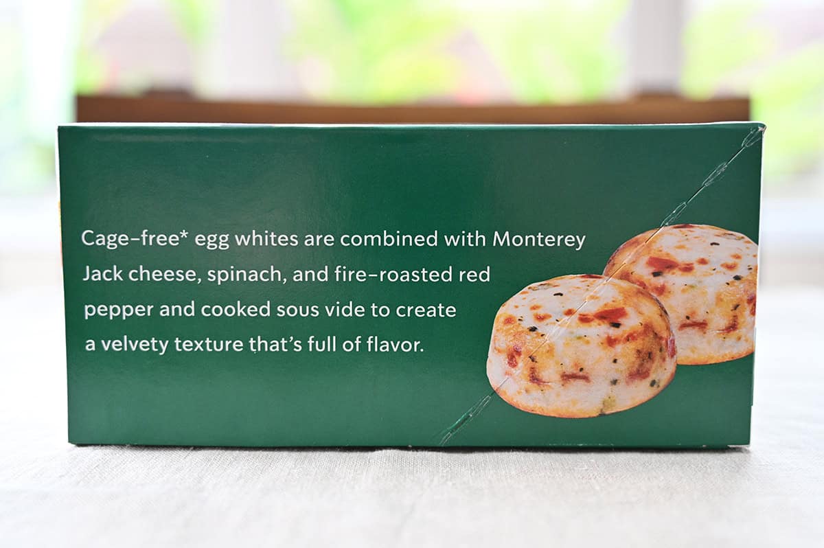 Image of the side of the egg white bites box showing the product description for the bites.