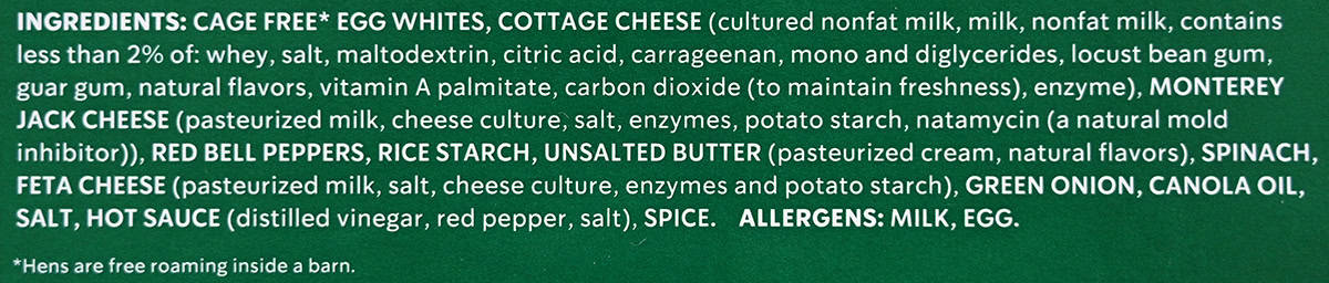 Image of the egg white & roasted red pepper ingredients list for the egg bites from the package.