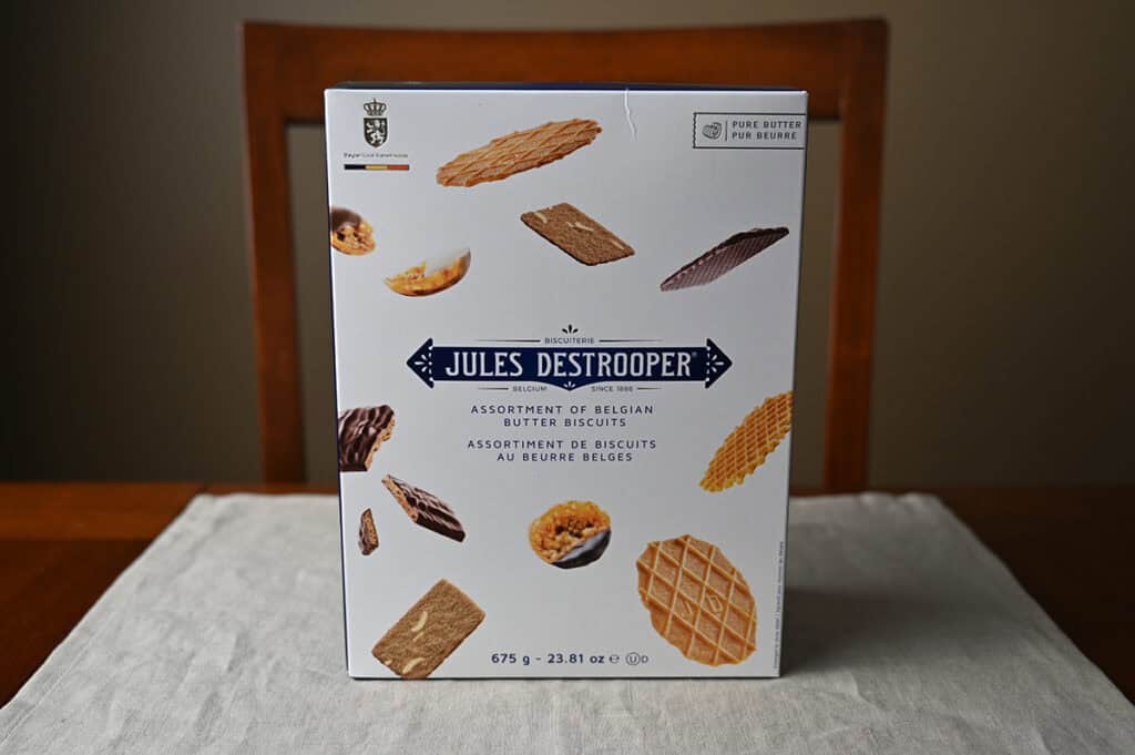 Image of the Costco Jules Destrooper Belgian Butter Biscuits box sitting on a table unopened.