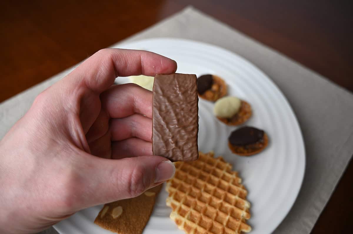 Image of a hand holding one milk chocolate thin close to the camera.