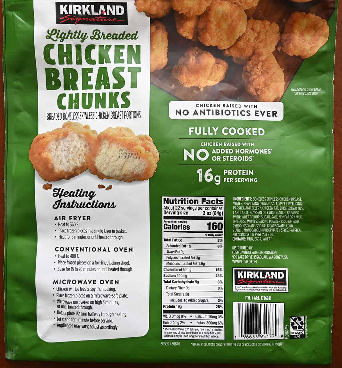 Image of the back of the bag of chicken breast chunks showing the ingredients, nutrition facts and heating instructions.