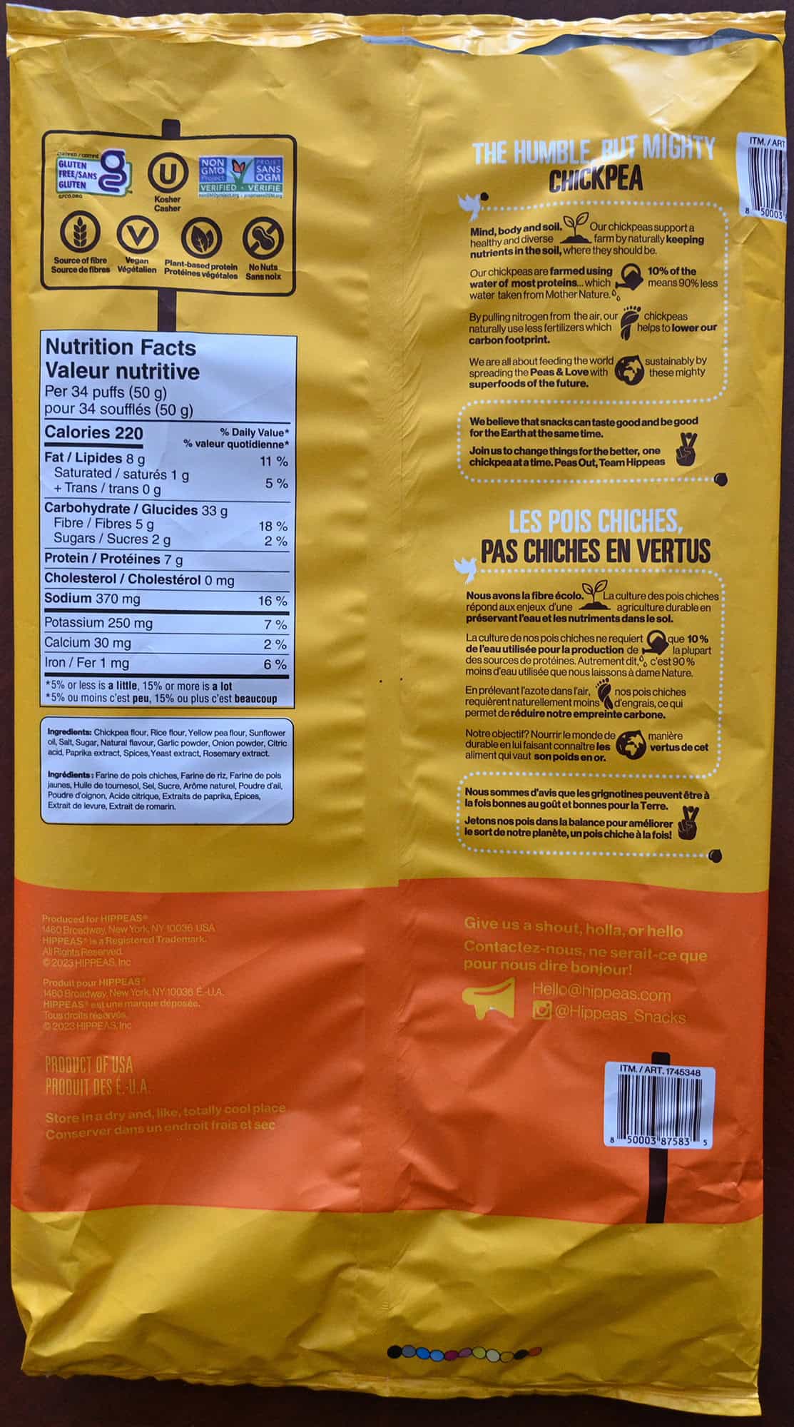 Image of the back of the bag of puffs showing ingredients, nutrition facts and health facts about the puffs.