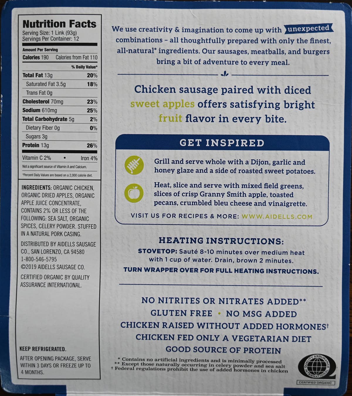 Image of the back of the sausage package showing ingredients, nutrition facts and heating instructions.