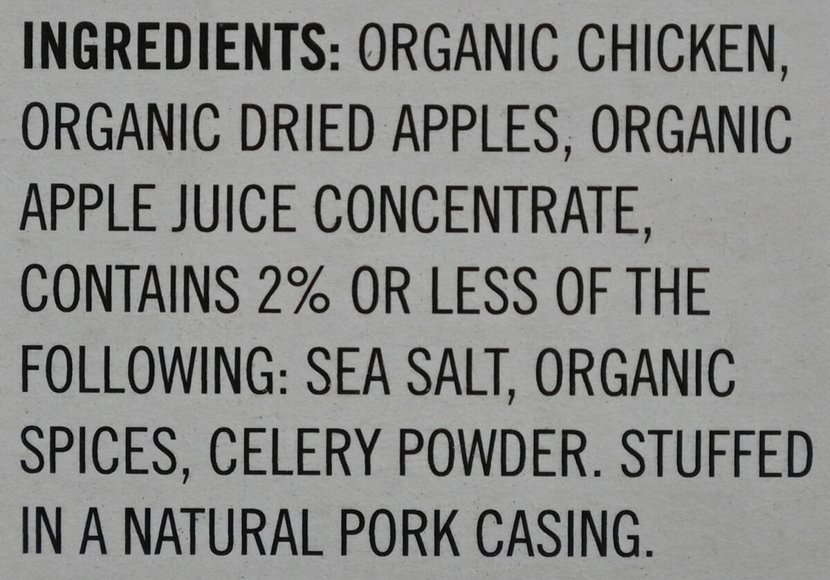 Image of the ingredients for the sausages from the back of the package.