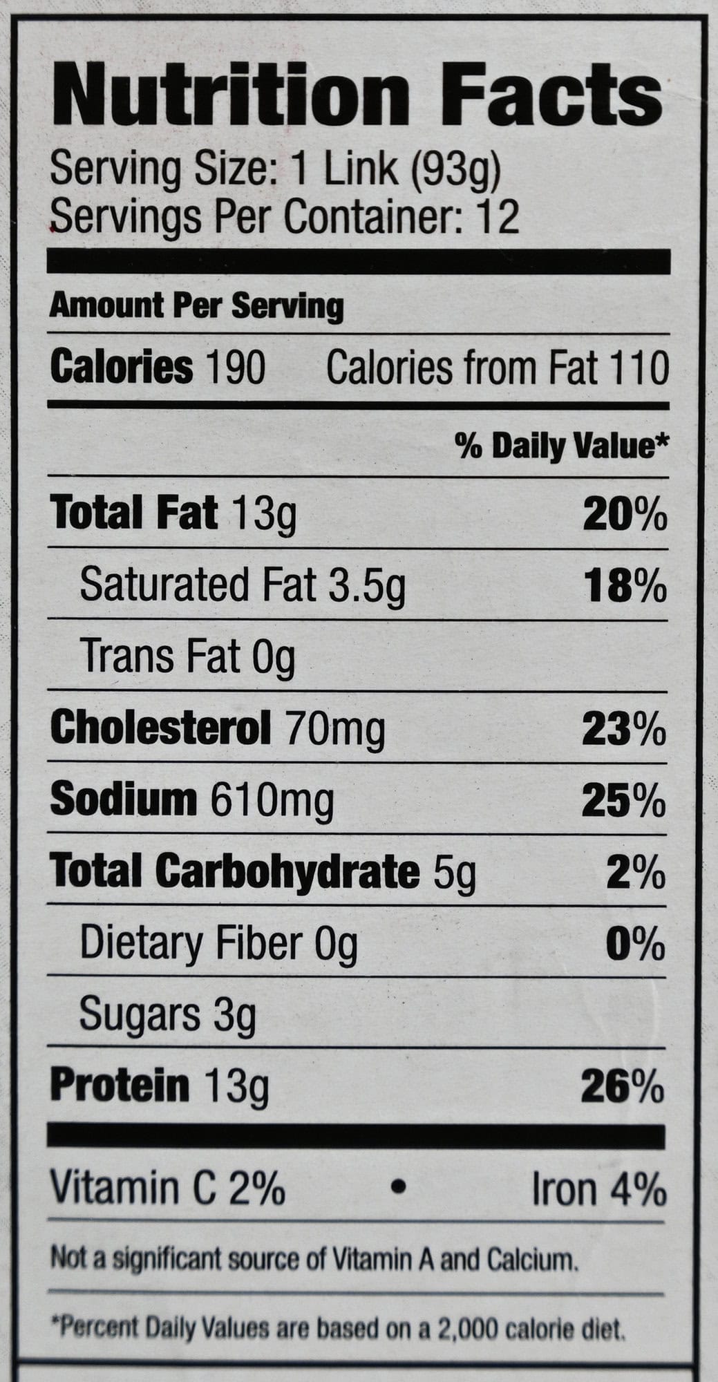 Image of the nutrition facts for the sausages from the back of the package.