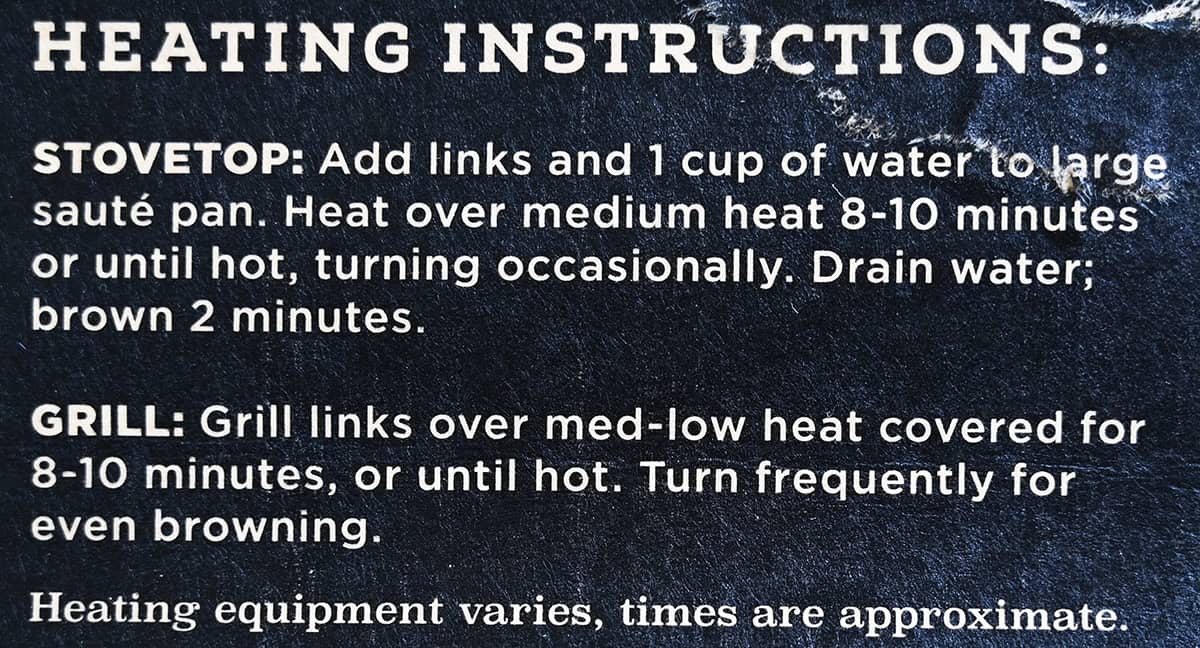 Image of the heating instructions for the sausages from the back of the package.