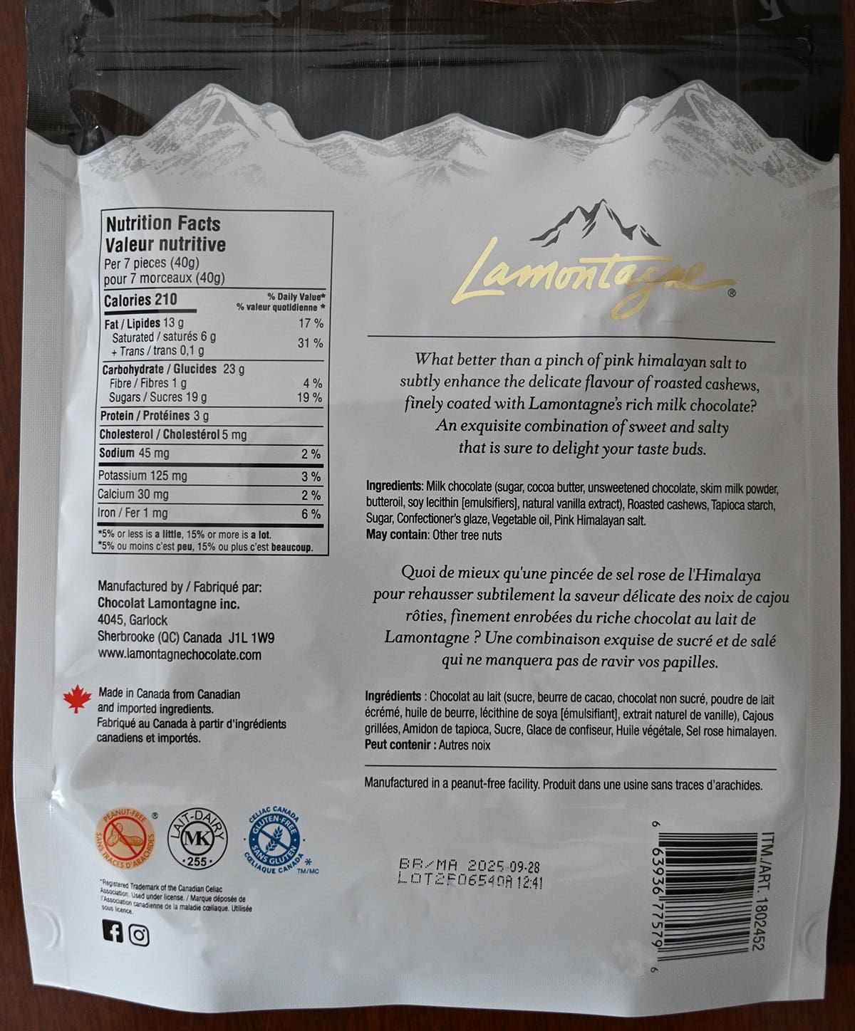Image of the back of the bag showing company description, ingredients, nutrition facts and where the chocolates are made. 