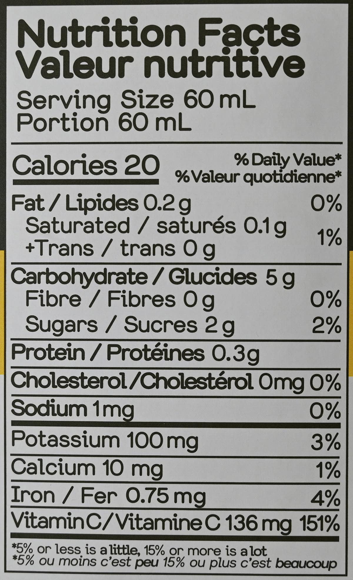 Image of the nutrition facts for the ginger defence from the back of the box.