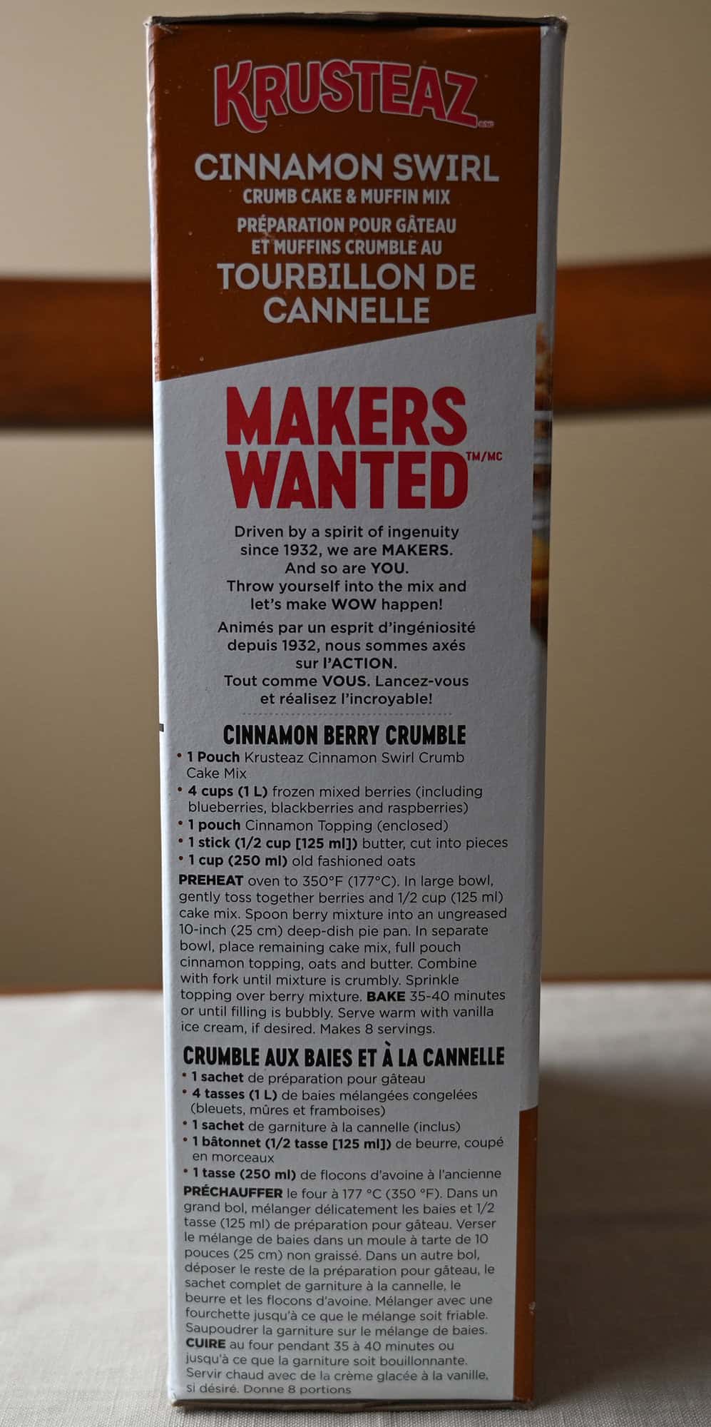 Image of the side of the box of mix showing a recipe for a cinnamon berry crumble.