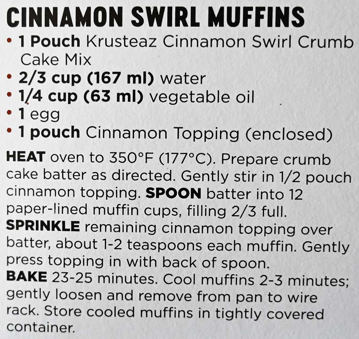 Image of the instructions for the cinnamon swirl muffins from the back of the box.
