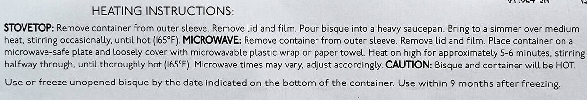 Image of the heating instructions for the lobster bisque from the package.