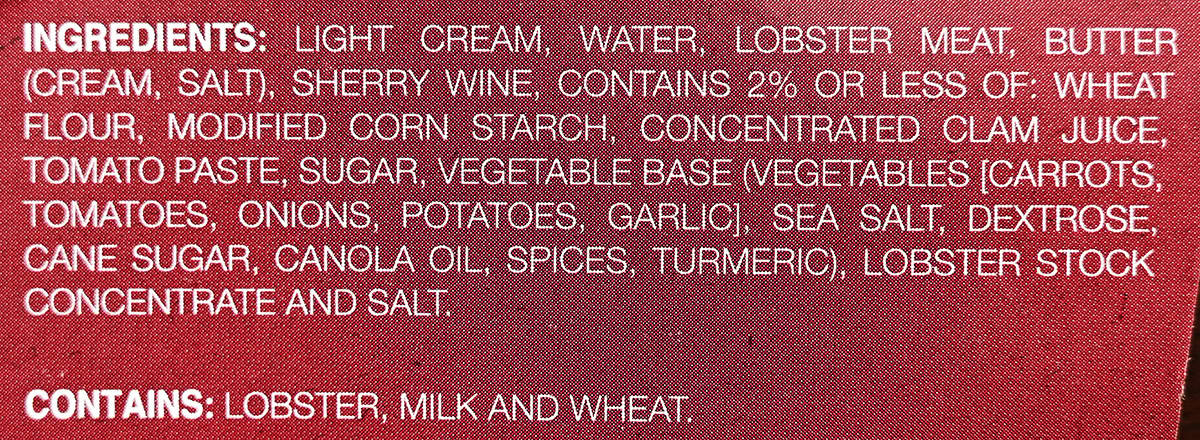 Image of the ingredients list for the bisque from the packaging.