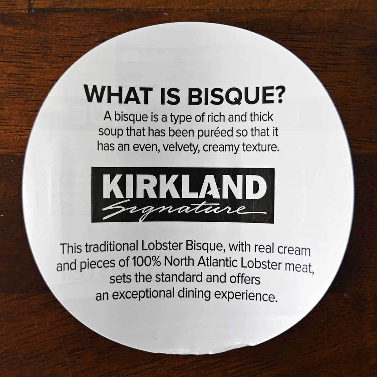 Image of a sticker that says "what is bisque" from the tub of soup.
