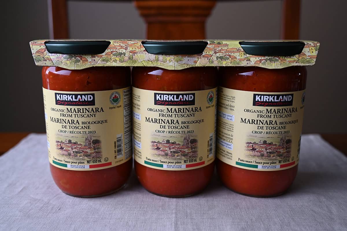 Image of a three pack of jars of the Costco Kirkland Signature Organic Marinara from Tuscany. 