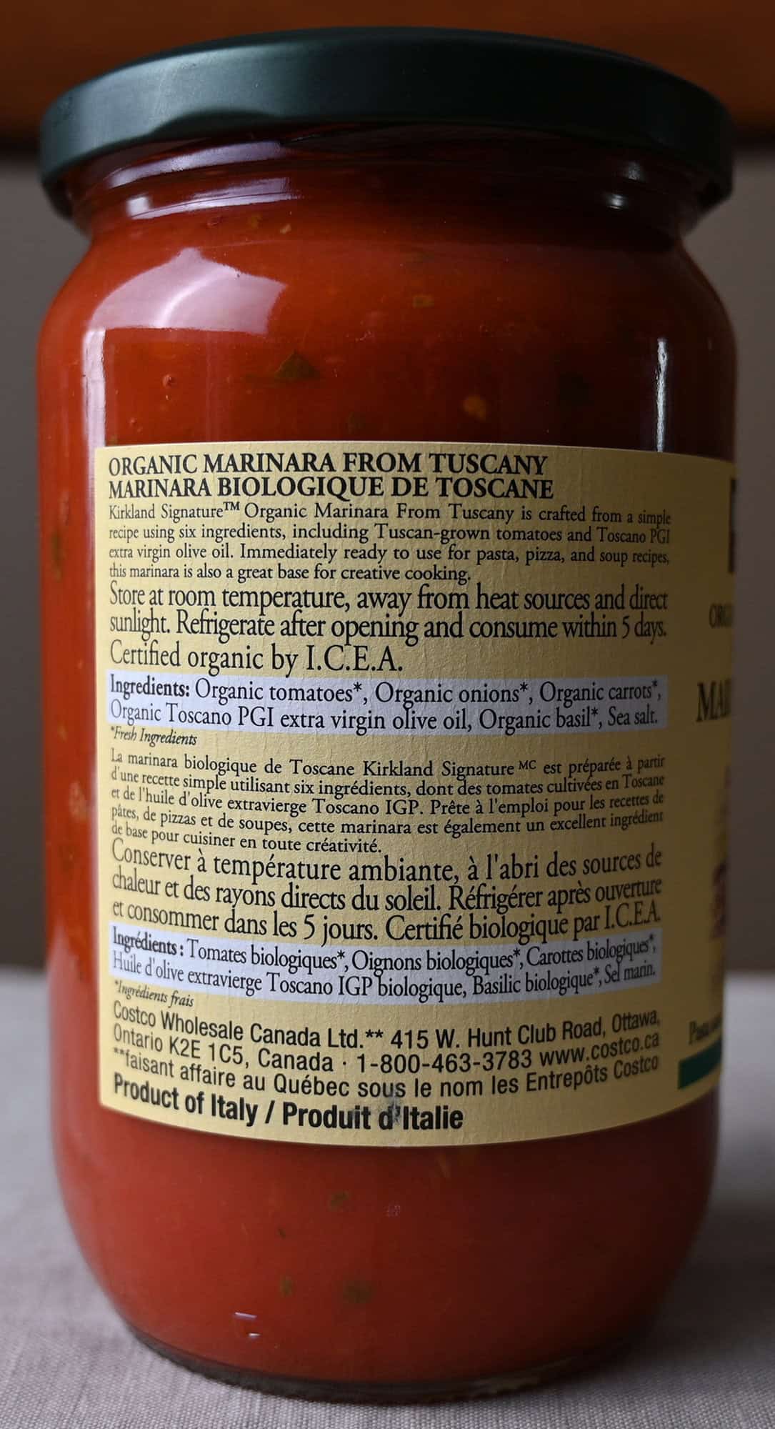 Image of the back of the jar of marinara showing ingredients, storage instructions and where it's made.