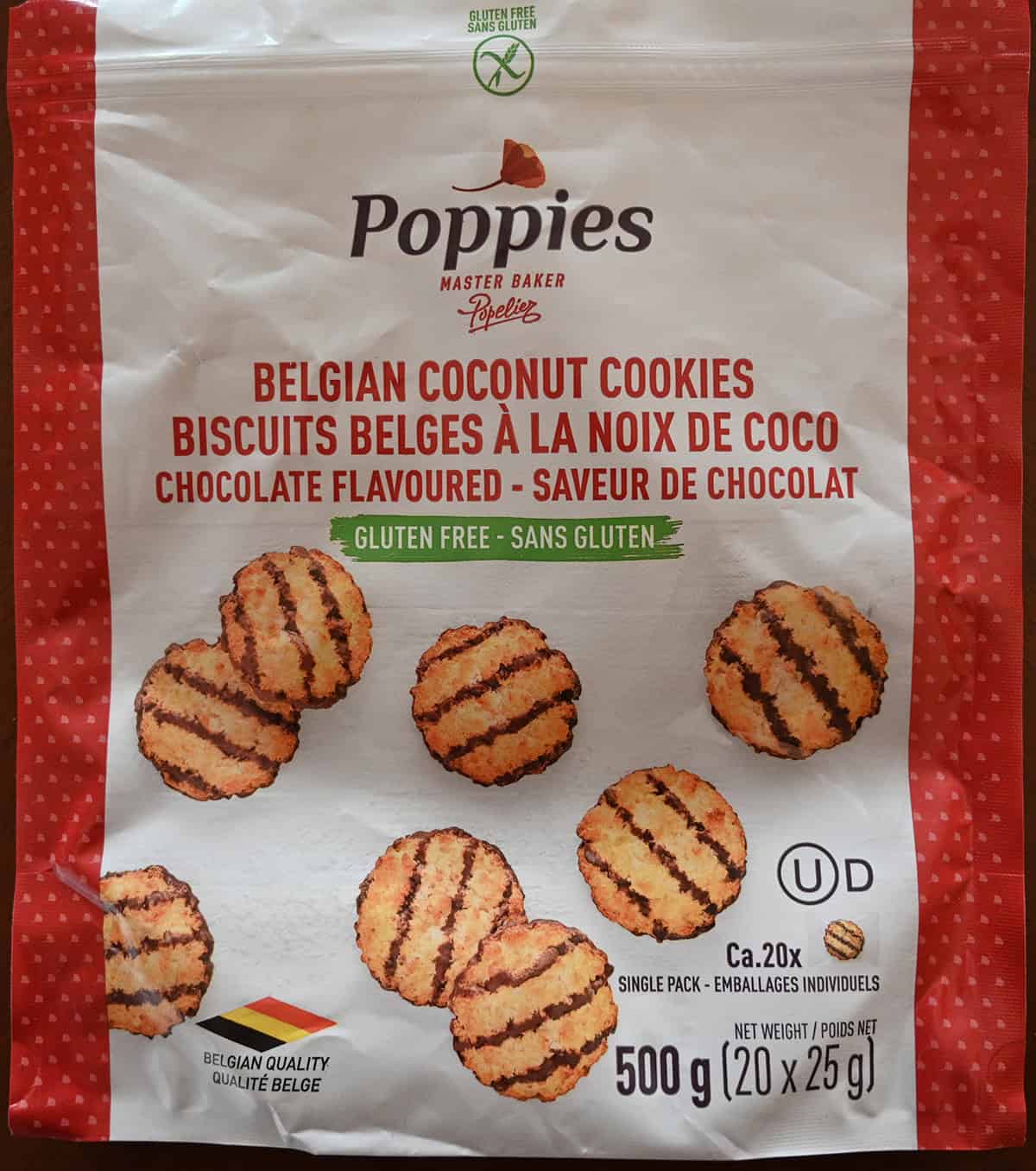 Closeup image of the front of the Poppies bag showing the weight of the bag and that the cookies are gluten-free. 