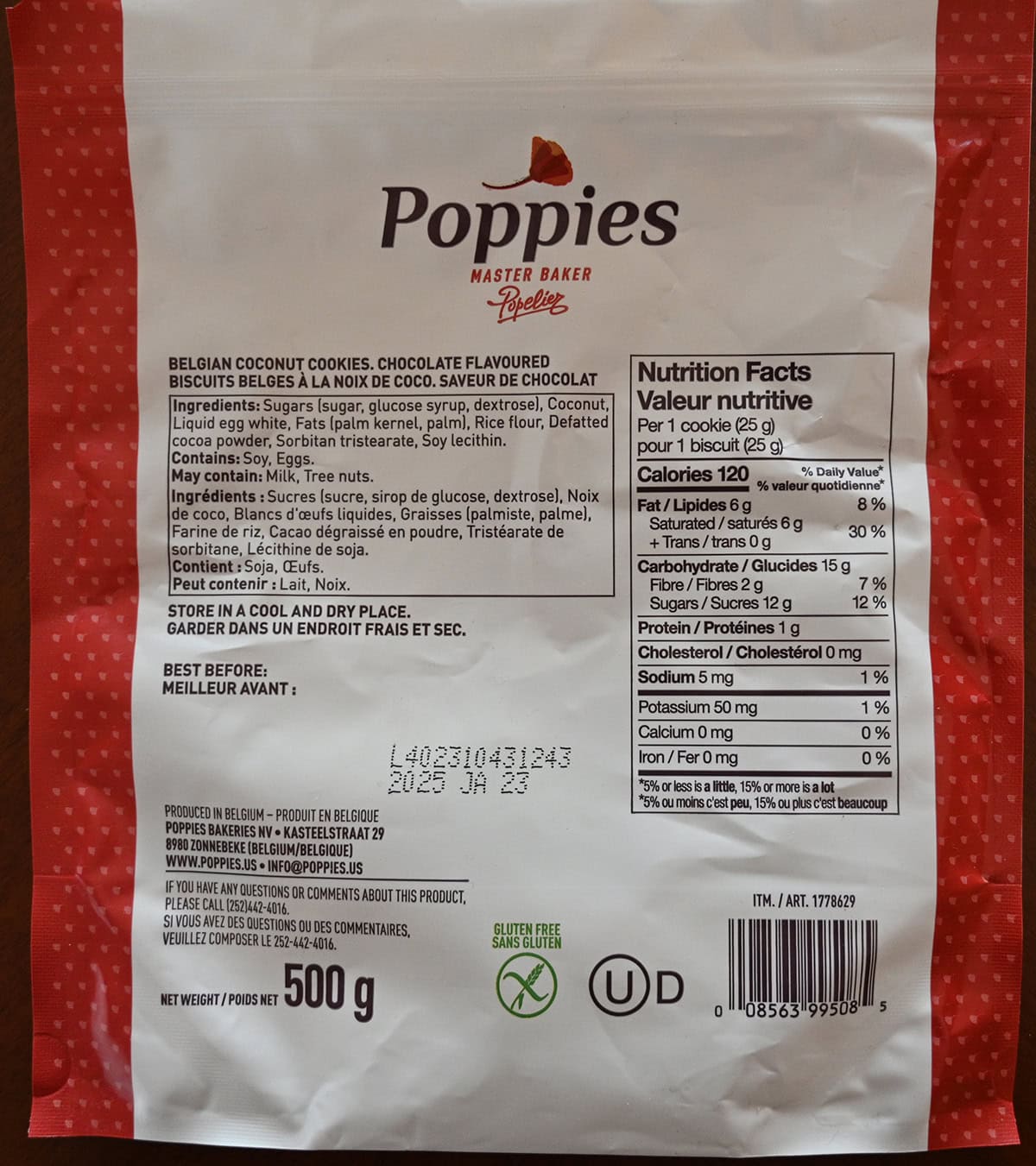 Image of the back of the bag of Poppies showing the nutrition facts, ingredients and where the cookies are made.