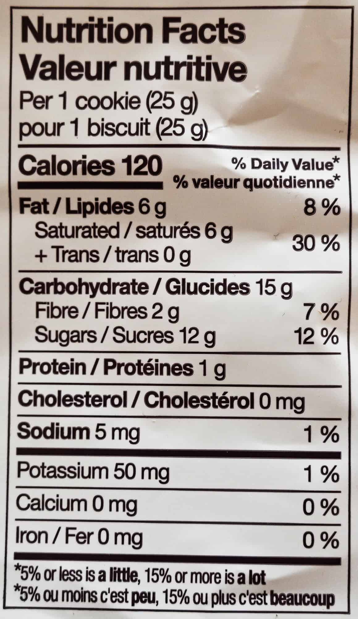 Image of the nutrition facts for the cookies from the back of the bag.