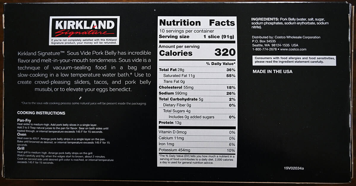 Image of the back of the box of pork belly showing product description, nutrition facts, ingredients and that it's made in the USA.