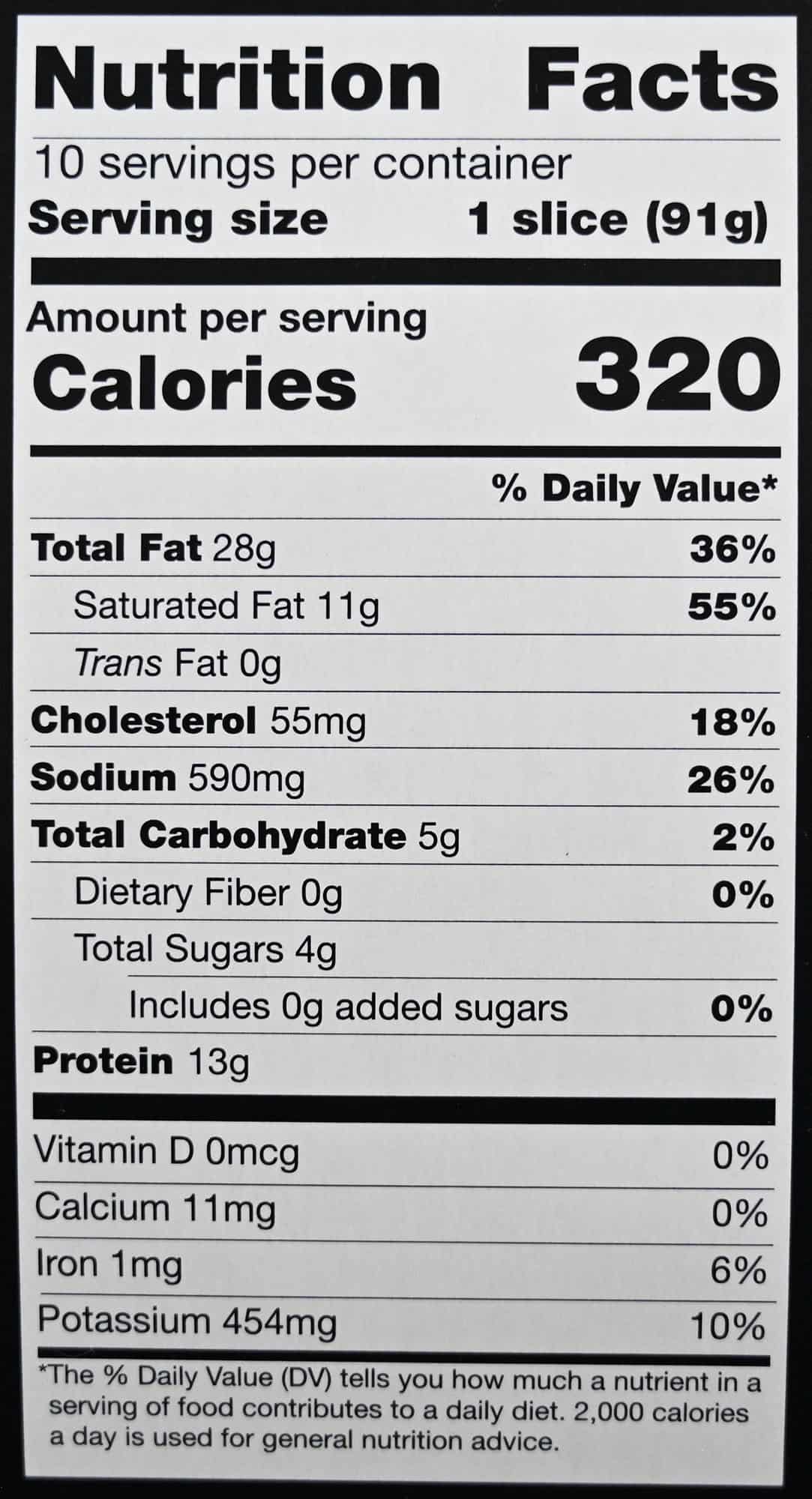 Image of the nutrition facts for the pork belly from the back of the box.