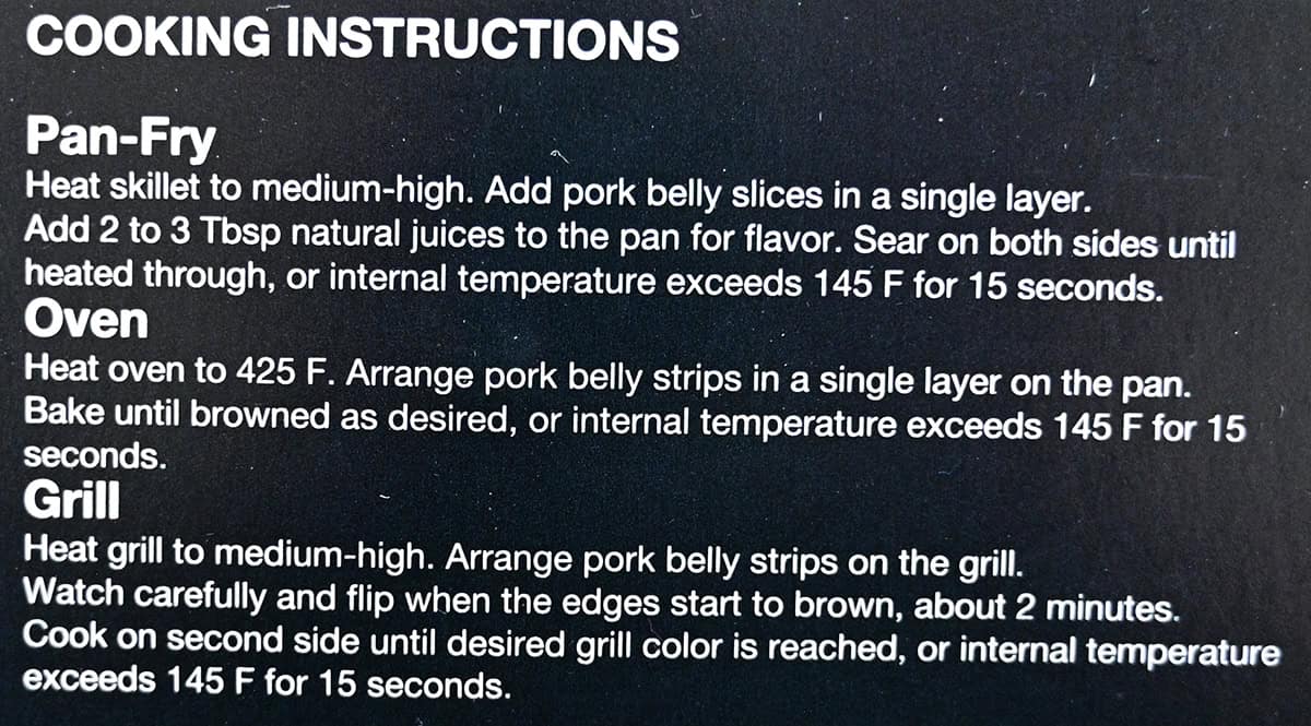 Image of the cooking instructions for the pork belly from the back of the box.