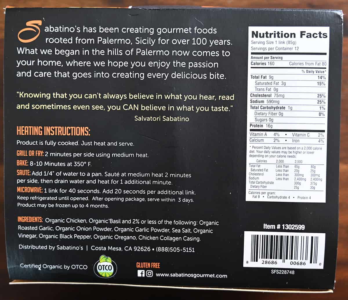 Image of the back of the package of the sausages showing ingredients, nutrition facts, where they're made and company description. 