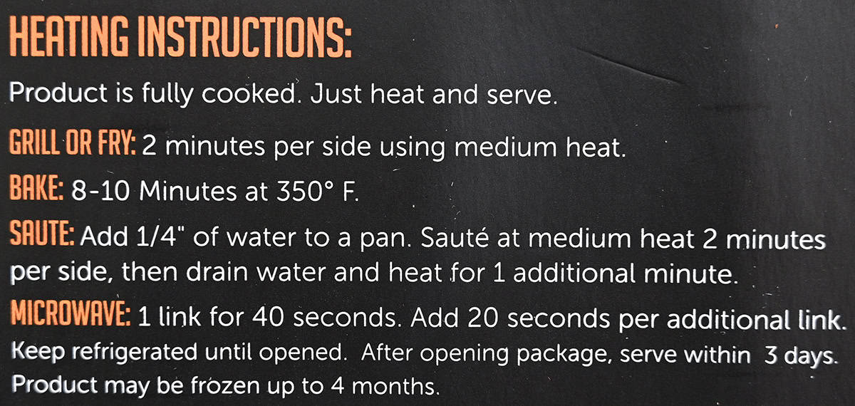 Image of the heating instructions for the sausages from the back of the package.