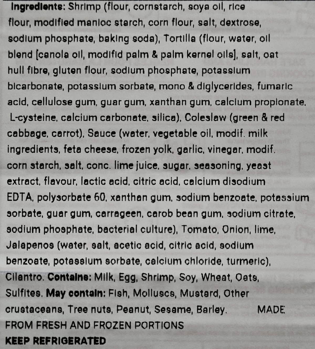Image of the ingredients list for the tacos from packaging.