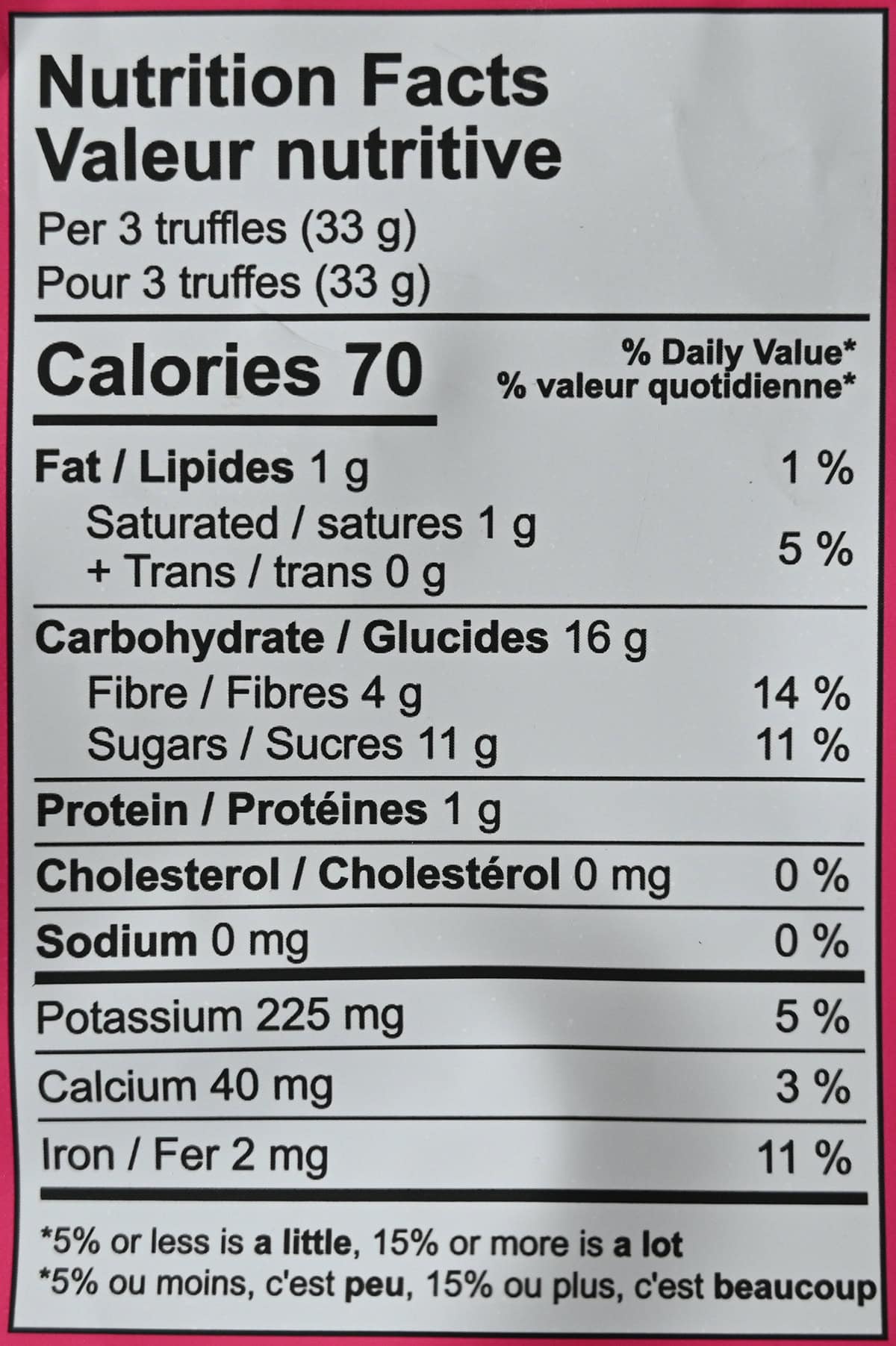 Image of the nutrition facts for the truffles from the back of the bag.