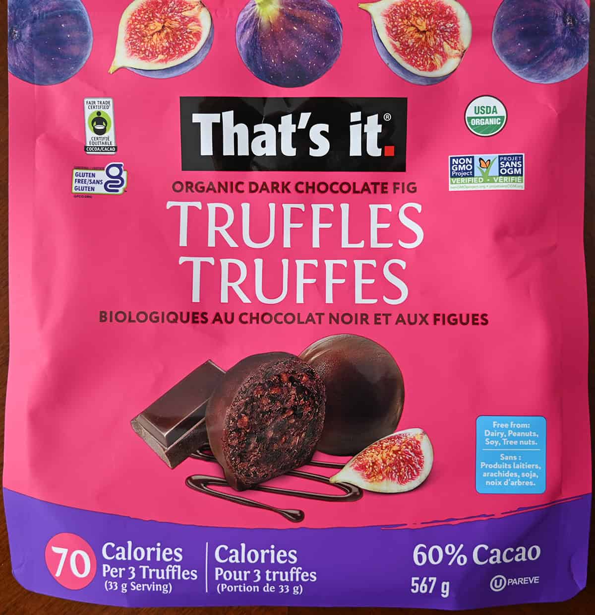 Closeup image of the front of the That's It Truffles bag showing size of the bag and that they're 60% cocoa. 