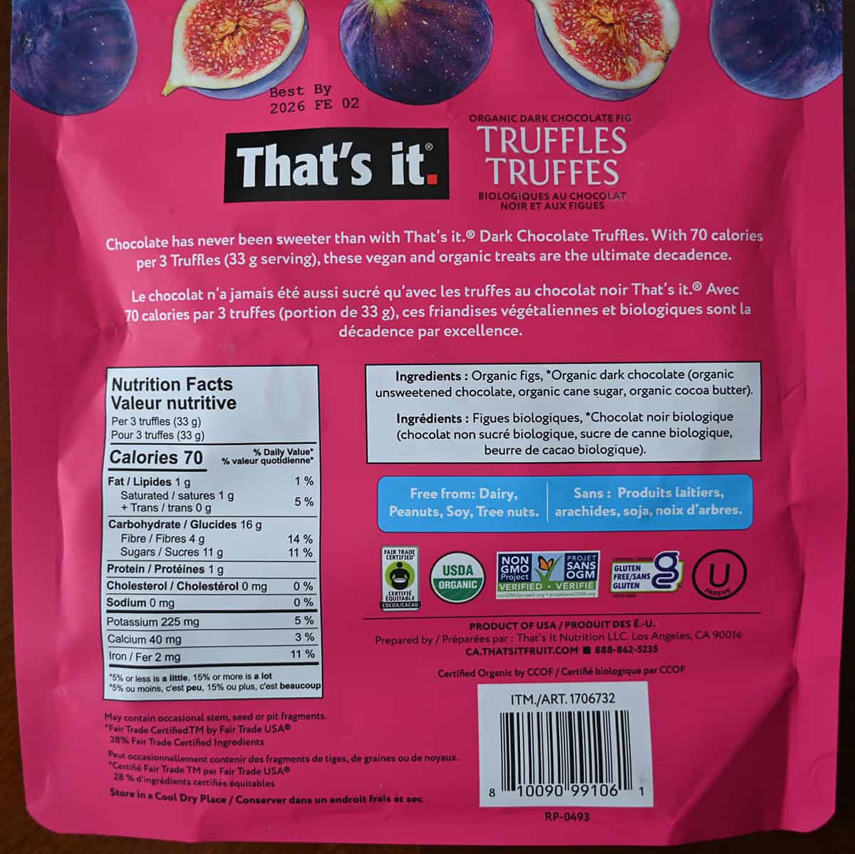Image of the back of the bag of truffles showing ingredients, company description and ingredients.