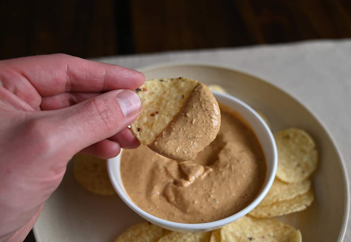 Closeup image of a hand holding one tortilla chip covered in sauce close to the camera with a plate of chips and bowl of sauce in the background.